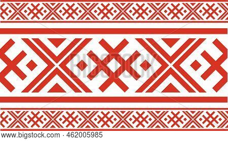 Vector Red Color Seamless Belarusian National Ornament. Ethnic Endless Black Border, Slavic Peoples 