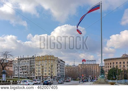 Belgrade, Serbia - February 14, 2021: Nikola Pasic Square Large Flag In Front Of Parliament Cold Win