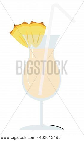 Summer Popular Alcohol Cocktail With Pineapple Slice And Drinking Straw Isolated On White. Tropical 