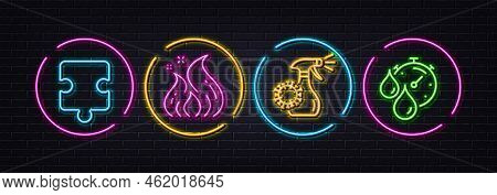 Coronavirus Spray, Puzzle And Fire Energy Minimal Line Icons. Neon Laser 3d Lights. Timer Icons. For