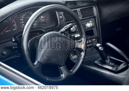 Berlin - August 2022: Toyota Mr2 Interior Dashboard Cockpit Steering Wheel And Mechanic Manual Trans
