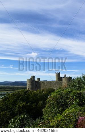 Harlech Castle, Wales. Landscape View Of A Historic Unesco Monument.   Beautiful Welsh World Heritag