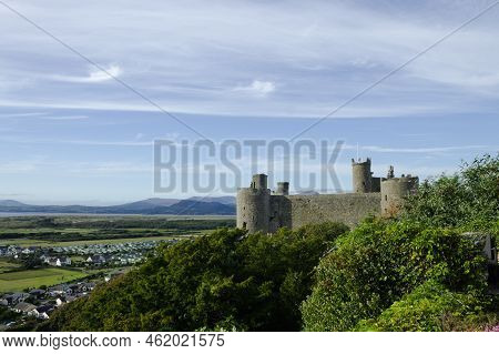 Harlech Castle, Wales. Landscape View Of A Unesco Monument.   Beautiful Welsh World Heritage Site.  