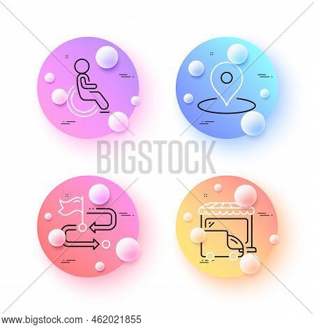 Travel Path, Disability And Pin Minimal Line Icons. 3d Spheres Or Balls Buttons. Delivery Truck Icon