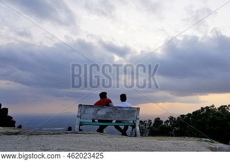 Nandi Hills, Karnataka,india-may 22 2022: Tourists Enjoying The Beautiful Scenic Sunset From Top Of