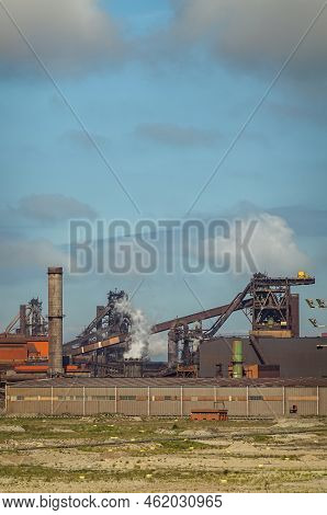 Europe, France, Dunkerque - July 9, 2022: Port Scenery. Closeup Of Coal Tranport Belt At Power Gener