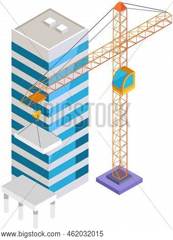 Office City Apartment, House Residential Block Building. Tower Crane Creates Architecture Of Skyscra