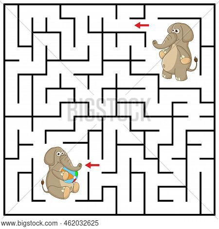 Maze Or Labyrinth For Children With Cartoon Elephant. Find Right Way To The Baby. Answer Under The L