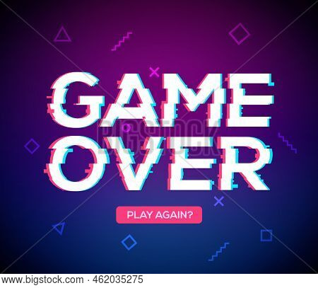 Game Over Screen Glitch Video Retro Pixel Background. Game Over Glitch Screen Font Effect