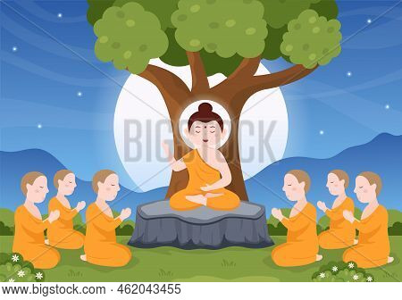 Happy Makha Bucha Day Template Hand Drawn Cartoon Flat Illustration Buddha Sitting In Lotus Flower U