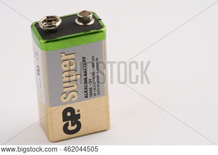 Moscow, Russia-september 16, 2022: 9 Volt Battery On A White Background. Space For Text