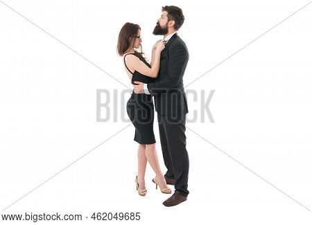 Couple Get Ready For Party. Official Dress Code. Woman Elegant Lady And Bearded Gentleman Black Tuxe