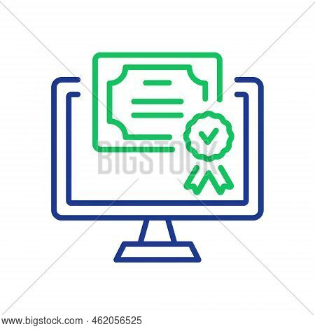 Online Diploma Line Icon. Digital Online And Distance Education Outline Sign. Certificate With Licen