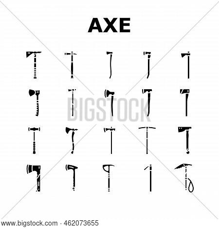 Axe Ax Hatchet Wood Weapon Icons Set Vector. Tool Equipment, Blade Lumberjack, Tree, Work Forest, Wo
