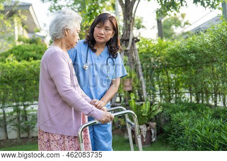 Doctor Help And Care Asian Senior Or Elderly Old Lady Woman Use Walker With Strong Health While Walk