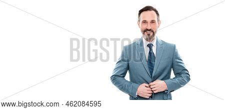 Man Face Portrait, Banner With Copy Space. Grizzled Businessman Button Up Jacket. Business Success. 