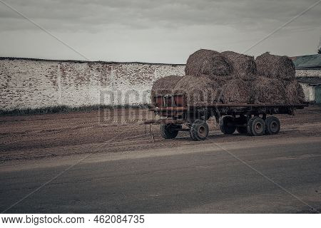 Round Hay Bales Loaded On Farmer's Wagons Ready To Be Transported By Tractor To The Barn For Storage