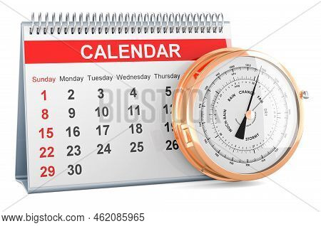 Desk Calendar With Barometer. Barometric Pressure Forecast Concept, 3d Rendering Isolated On White B