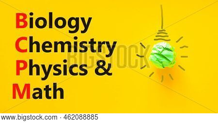 Bcpm Biology Chemistry Physics Math Symbol. Concept Words Bcpm Biology Chemistry Physics Math On Yel