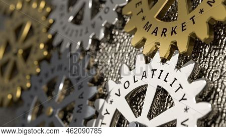 Market Volatility Concept. Gold And Silver Gears Mechanism With Inscriptions Market And Volatility. 