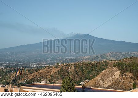 Hotel Elios Overlooking Scenic View Of Etna Volcano With Blue Sky In Background