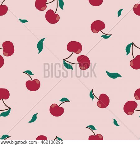 Simple Seamless Red Cherry Pattern On Light Pink Background. Good For Wrapping Paper, Textile Fabric
