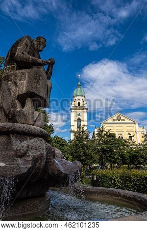 Fountain In Front Of St. Joseph, A Roman Catholic Church Located In Maxvorstadt, Munich, Bavaria, Ge