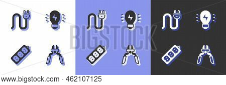 Set Pliers Tool, Electric Plug, Extension And Creative Lamp Light Idea Icon. Vector