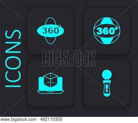 Set Vr Controller Game, 360 Degree View, And 3d Modeling Icon. Black Square Button. Vector