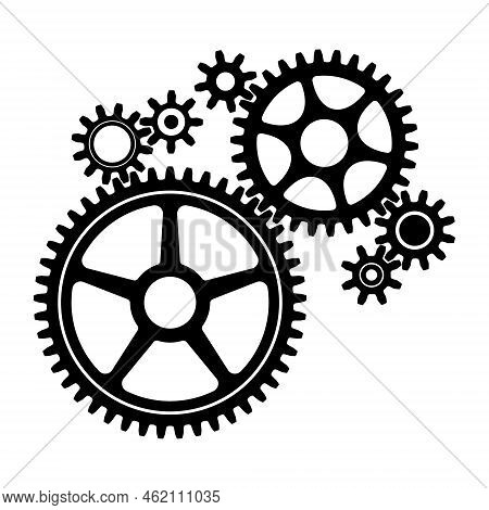 7 Sizes Of Mechanical Cogwheels, Small 8 Teeth, Medium 30 Teeth And Large 45 Teeth. Black Silhouette
