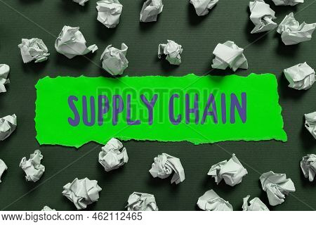 Hand Writing Sign Supply Chain. Business Concept System Of Organization And Processes From Supplier 