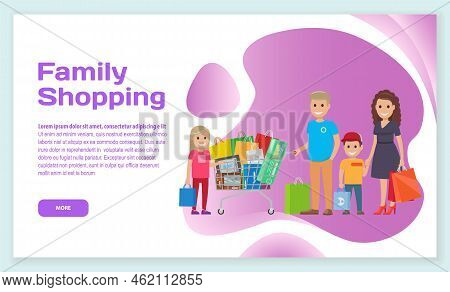 Family People Go With Bags, Supermarket Trolley For Shopping Landing Page Template. Cartoon Smiling 