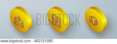 Set Isometric Line Mail And E-mail, Financial Book And Mobile With Dollar Icon. Vector