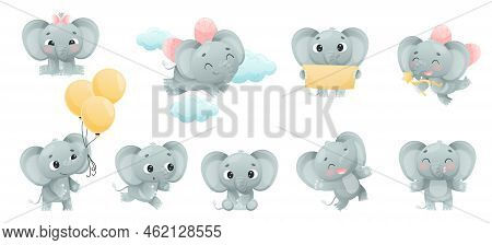 Funny Grey Elephant With Large Ear Flaps And Trunk Enjoying Different Activity Vector Set