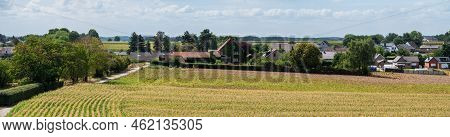 Tielt-winge, Flemish Brabant, Belgium,  08 22 2022 - Extra Large Panoramic View Over Green Meadows A