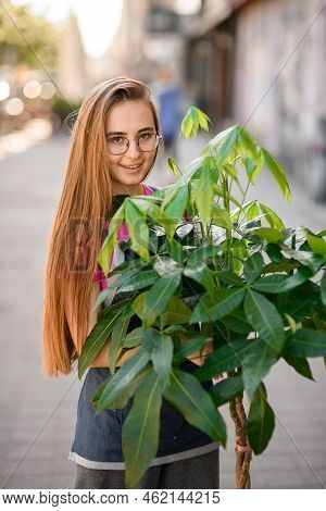 Portrait Of Woman In Glasses With Long Hair Holding Pachira Plant In Her Hands