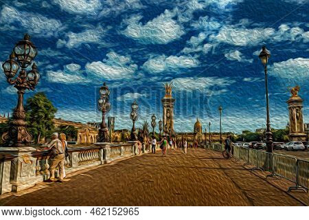 People On The Elegant Alexandre Iii Bridge Over The Seine River In Paris. The Charming Capital Of Fr