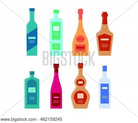 Set Bottles Of Gin Tequila Champagne Whiskey Schnapps Wine Liquor Vodka. Icon Bottle With Cap And La