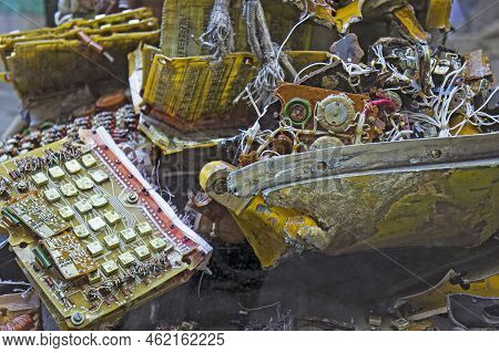 Details Of Electronics Of Destroyed Russian Missile. Old Russian Military Microcircuits Wires And Ca