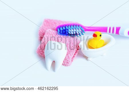 White Tooth Placed On Pink Terry Towels With A Yellow Duck Bath Toy In A White Tub And A Toothbrush 