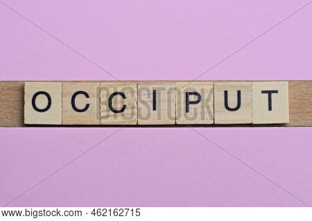 Word Occiput From Small Gray Wooden Letters Lies On A Pink Background