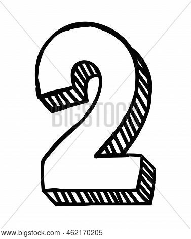 Number Two Icon. Pencil Sketch, Hand Drawing, Minimalistic Style. Graphic Element For Printing On Fa