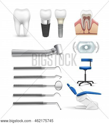 Vector Set Of Different Dental Objects Tools, Lamp Chair, Drill, Tooth Implant And Structure Isolate