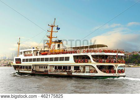 Istanbul, Turkey - August 25, 2022: Modern Ferry Boat Sailing In Marmara Sea Near Istanbul, Passing 