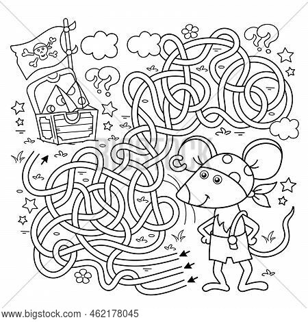 Maze Or Labyrinth Game. Puzzle. Tangled Road. Coloring Page Outline Of Cartoon Little Pirate Mouse W