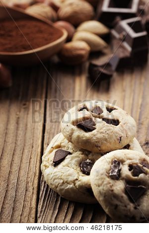 Chocolate Chip Cookies With Ingredients In The Background