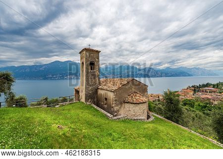 Panorama Of Lake Garda And Small Ancient Church In Romanesque Style, San Antonio Abate (saint Anthon