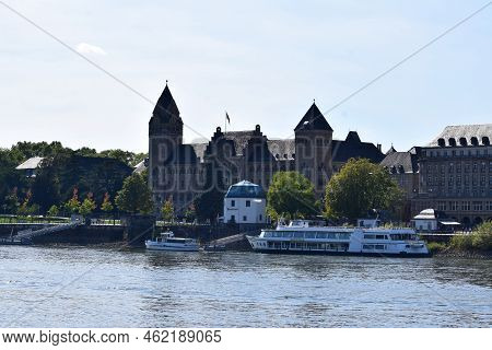 Koblenz, Germany - 09 12 2022: Old Town Shore With Pegelhaus And Preußisches Regierungsgebäude, 19th