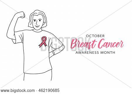 Breast Cancer Awareness Month October Banner With Copy Space. Happy Confident Woman Showing Muscle, 