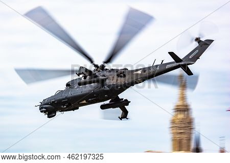 Budapest, Hungary - August 20, 2021: Hungarian Mil Mi-24 Military Attack Helicopter At Air Base. Air